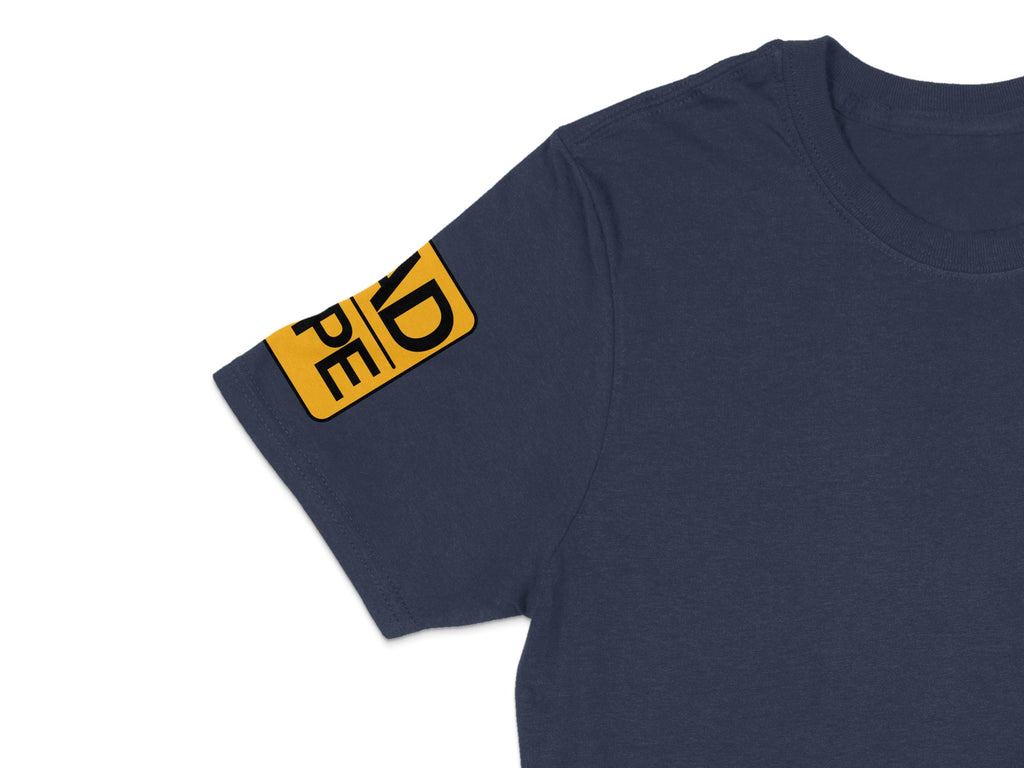 Navy Blue Shirt with Bold Sleeve Patch Design