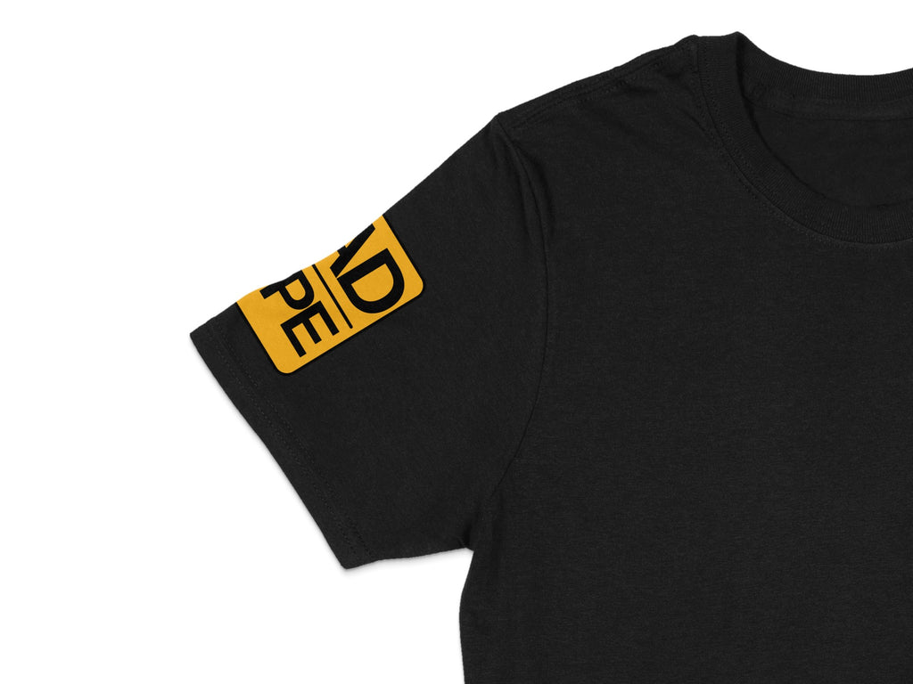 Black T-Shirt with Bold Yellow Read Tape Sleeve Design